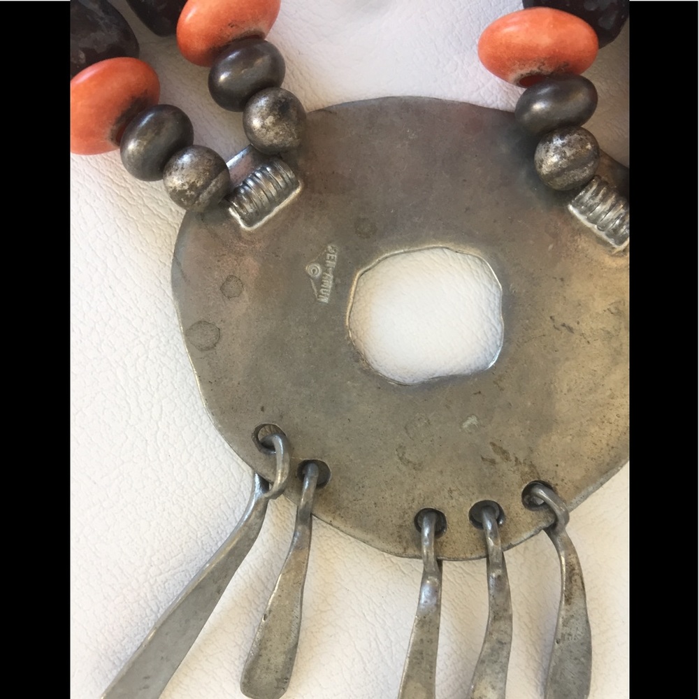 BEN-AMUN STATEMENT NECKLACE STONE PEWTER TRIBAL - Picture 5 of 6